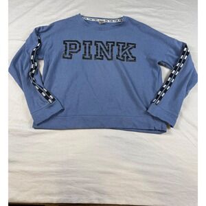 Victoria's Secret PINK Blue Crewneck Sweatshirt Logo Tape Sleeve Large 370887-BH